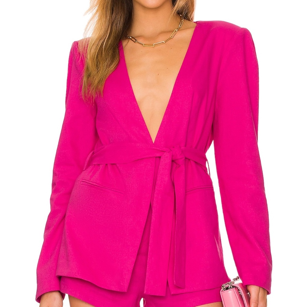 Lovers + Friends Vibrant Hot Pink Blazer Romper Deep V Tie Waist | Size Small